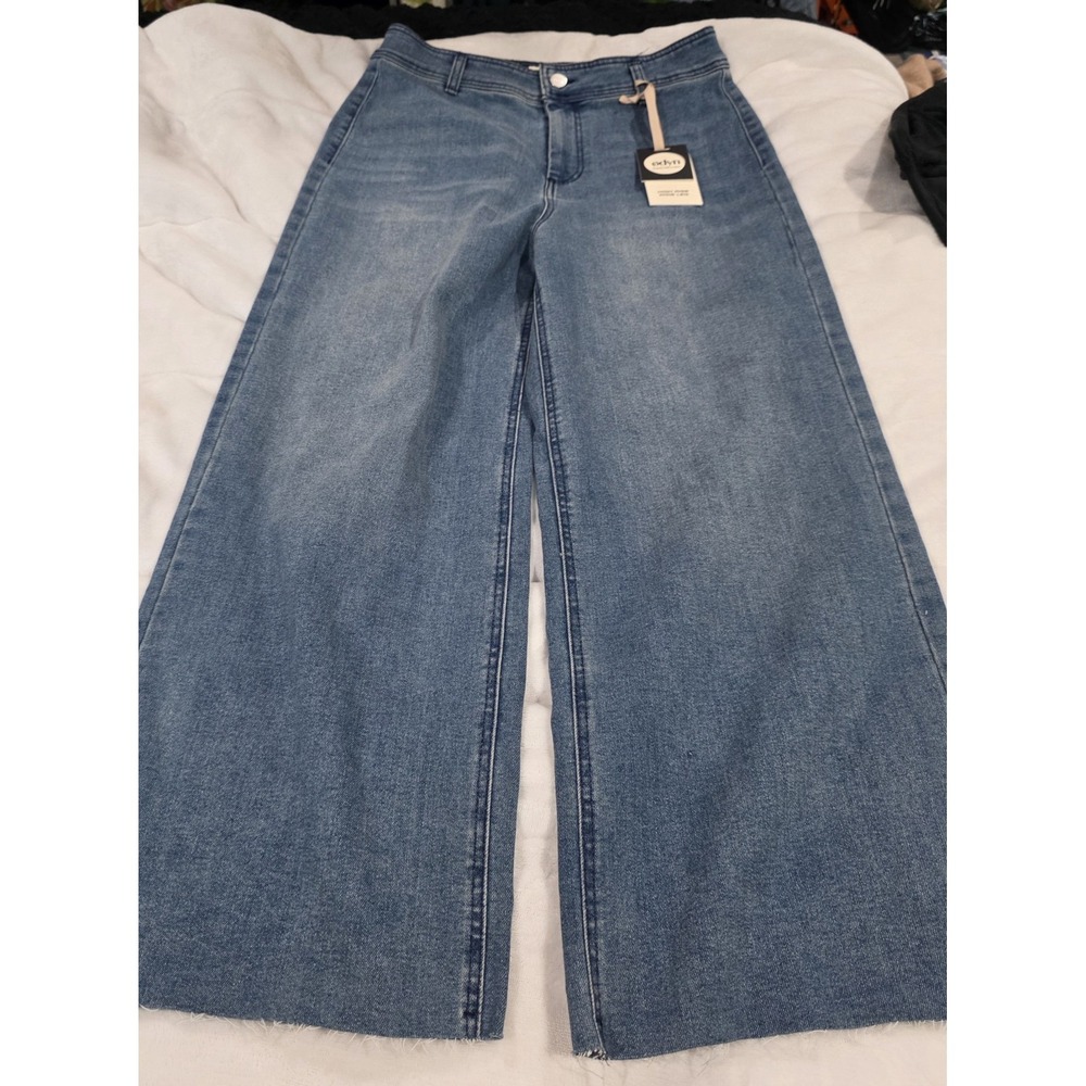 Odyn Jeans High Rise Stretch Wide Leg Raw Edge Hem Casual Relaxed Minimalis 8/28